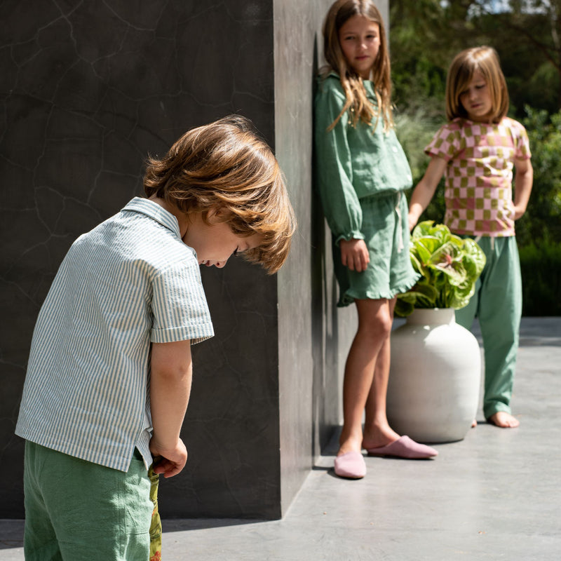 Textured Green Linen Top Bottom 6 9m Shorts