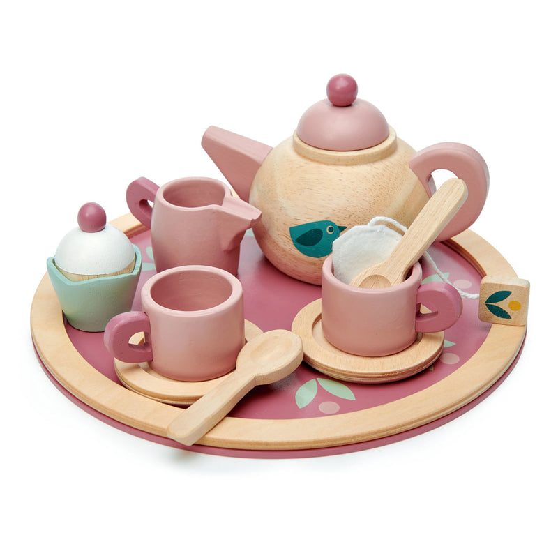 A romantic wooden tea set featuring a pretty bird motif on the saucers and the side of a solid wood teapot.  A pretty cupcake and tea bag, 2 cups and saucers and 2 teaspoons, as well as a milk jug. All presented on a round tray.  Age range: 3 Years And Older. Ships to Canada and United States of America Duty Free