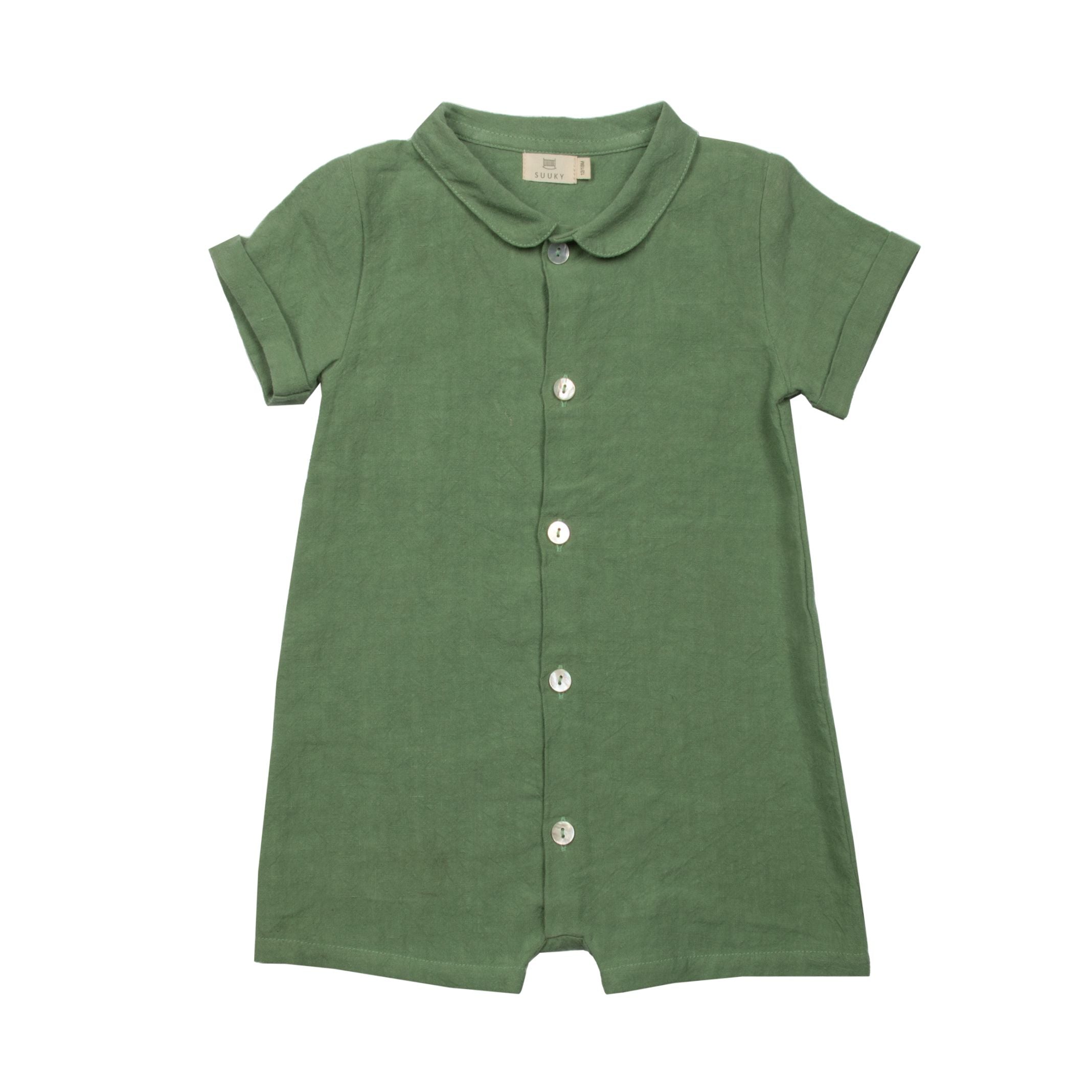 Suuky Porto Green Linen Romper, Oyster Buttons. Premium Portuguese linen. made in Portugal. Sizes 3-6 months to 18-24 months. Short sleeve with collar. Perfect for polo club, palm beach vacation, garden wedding. First birthday gift.  free shipping to Canada and the US on orders over $100, with standard shipping rates of $6 CAD / $4.30 USD for orders below. Plus, rest assured, duties into the United States are included. Baby outfits for wedding.