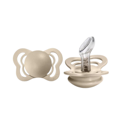 Bibs Vanilla Couture pacifier set. This nipple shape gives the least pressure on jaw, gums and teeth and comes in both soft natural rubber latex and silicone. It is recommended for children from 0-36 months. The shape of the lightweight shield leaves the nose free and facilitates easy breathing. All in a cute butterfly design. Ships to United States Duty Free.